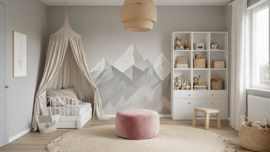 Photorealistic image of a cozy Scandinavian-inspired toddler bedroom featuring a low-profile IKEA Kura bed with a natural linen canopy, soft gray walls, and a mountain mural accent wall. The room is adorned with white floating cube shelves for organized toys and books, a dusty rose velvet ottoman for storage, and natural textures like a jute pendant lamp and a cream wool rug. Captured during golden hour with warm sunlight filtering through sheer white curtains, highlighting modern minimalist furniture and Montessori-inspired play areas, all depicted with hyper-realistic details in 8K resolution.