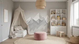 Transforming Small Toddler Bedrooms: A Complete Design Guide Photorealistic image of a cozy Scandinavian-inspired toddler bedroom featuring a low-profile IKEA Kura bed with a natural linen canopy, soft gray walls, and a mountain mural accent wall. The room is adorned with white floating cube shelves for organized toys and books, a dusty rose velvet ottoman for storage, and natural textures like a jute pendant lamp and a cream wool rug. Captured during golden hour with warm sunlight filtering through sheer white curtains, highlighting modern minimalist furniture and Montessori-inspired play areas, all depicted with hyper-realistic details in 8K resolution.