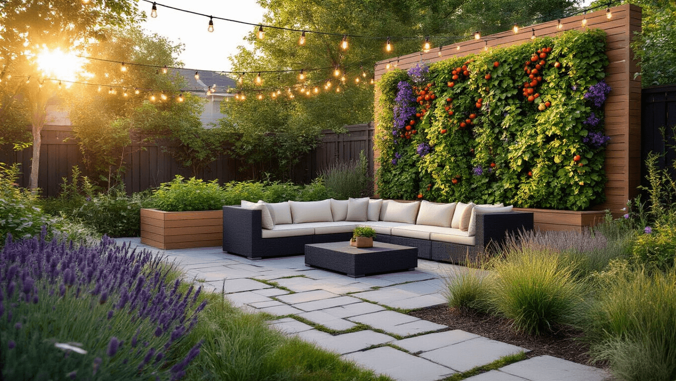 A photorealistic suburban garden at sunset featuring a charcoal sectional sofa, elevated cedar garden beds with tomatoes and herbs, a vertical garden wall with clematis, and ambient string lights overhead, captured in 8K ultra HD with a cinematic depth of field.