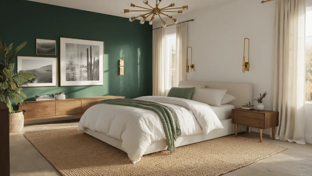 Photorealistic image of a tranquil luxury bedroom featuring a low-profile platform bed with white Egyptian cotton sheets, warm golden hour sunlight filtering through linen curtains, and a deep emerald accent wall adorned with black and white photography, illuminated by a brass chandelier and modern sconces.
