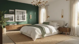 Transform Your Bedroom: 7 High-Impact Refresh Ideas Without Renovating Photorealistic image of a tranquil luxury bedroom featuring a low-profile platform bed with white Egyptian cotton sheets, warm golden hour sunlight filtering through linen curtains, and a deep emerald accent wall adorned with black and white photography, illuminated by a brass chandelier and modern sconces.