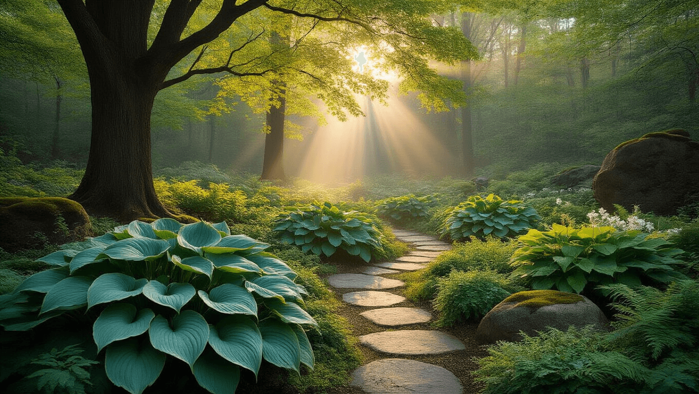 A tranquil woodland garden at dawn featuring large 'Empress Wu' hostas, dappled sunlight through maple trees, a natural stone path, and colorful native flowers, captured in ultra-wide angle with a soft bokeh and rich color grading.