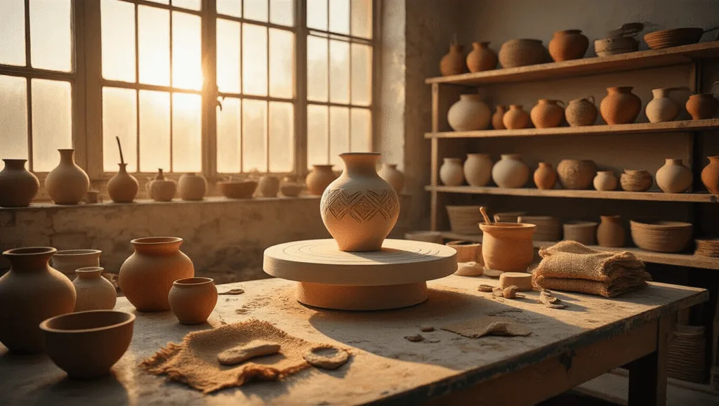 Unleash Your Creativity: 10 Exciting Pottery Texture Techniques You Can Try Today A sunlit pottery studio featuring a potter's wheel and a half-carved geometric vase, surrounded by textured pottery in earth tones, scattered tools, and freshly textured clay pieces, bathed in warm light and shadow.