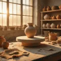 A sunlit pottery studio featuring a potter's wheel and a half-carved geometric vase, surrounded by textured pottery in earth tones, scattered tools, and freshly textured clay pieces, bathed in warm light and shadow.