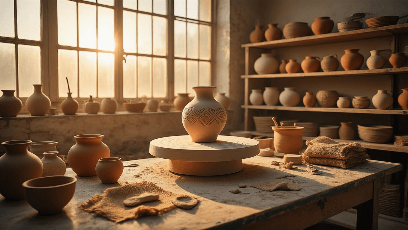 A sunlit pottery studio featuring a potter's wheel and a half-carved geometric vase, surrounded by textured pottery in earth tones, scattered tools, and freshly textured clay pieces, bathed in warm light and shadow.