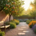 Cinematic wide-angle photograph of a lush fruit garden at golden hour, featuring espaliered apple trees, vibrant flowers, and a winding path, with warm sunlight creating a golden glow on the fruit.