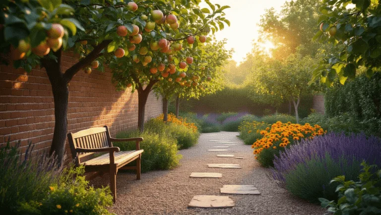 Cinematic wide-angle photograph of a lush fruit garden at golden hour, featuring espaliered apple trees, vibrant flowers, and a winding path, with warm sunlight creating a golden glow on the fruit.