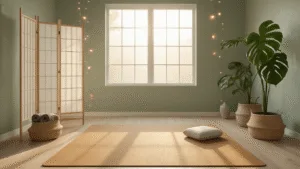 Create Your Zen: A Simple Home Yoga Room in Any Space A serene minimalist yoga sanctuary with a cork mat and bamboo flooring, bathed in golden hour sunlight, featuring sage green walls, fairy lights, a meditation cushion, yoga props in a jute basket, and a monstera plant, captured in photorealistic detail.