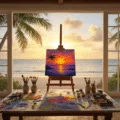 A serene beachfront art studio at golden hour, featuring floor-to-ceiling windows with ocean views, a paint-splattered farmhouse table, a tropical sunset painting on an easel, art supplies, rattan furniture, lush plants, and warm ambient lighting, all captured in a photorealistic style.