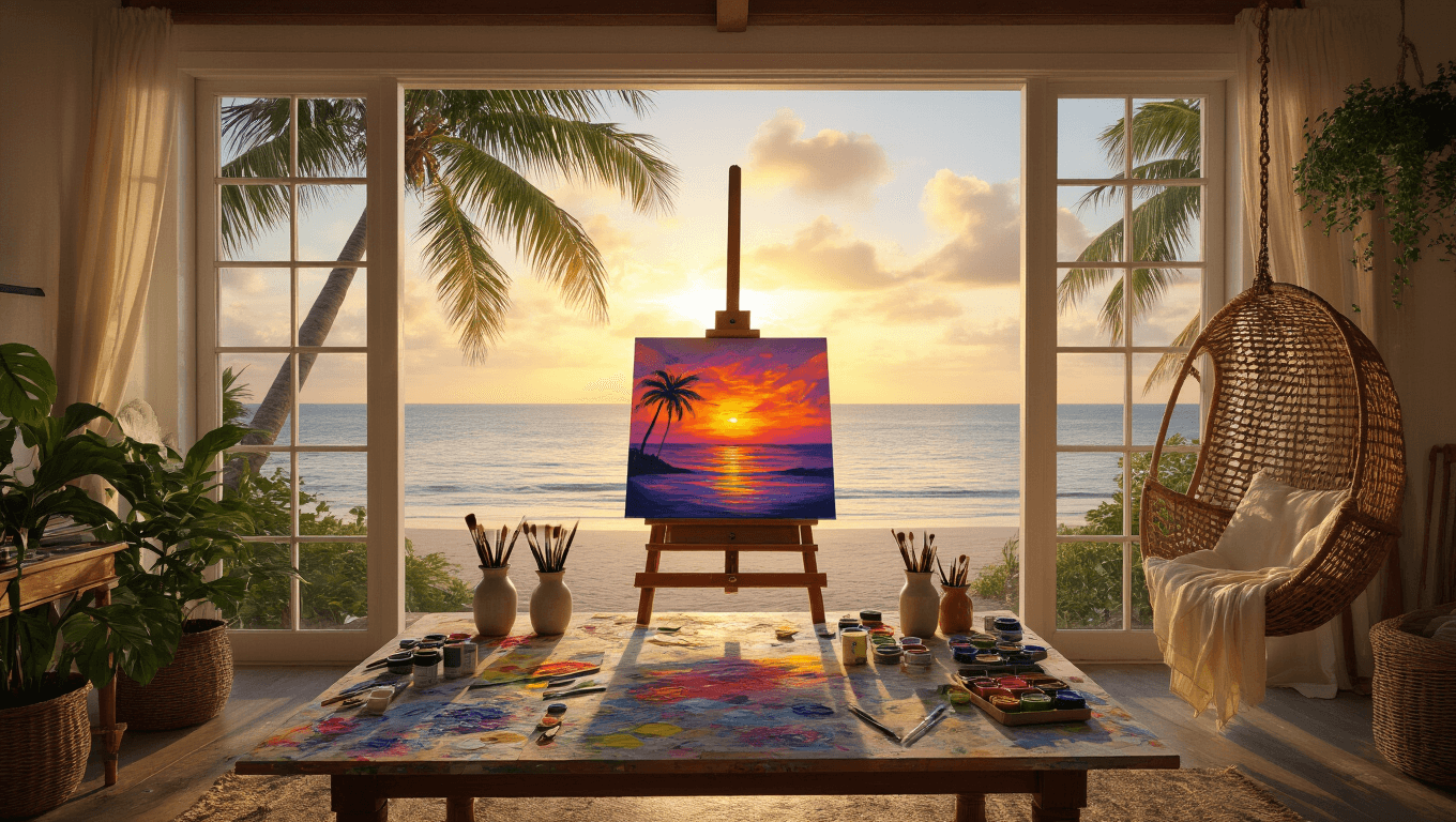 A serene beachfront art studio at golden hour, featuring floor-to-ceiling windows with ocean views, a paint-splattered farmhouse table, a tropical sunset painting on an easel, art supplies, rattan furniture, lush plants, and warm ambient lighting, all captured in a photorealistic style.