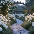 A photorealistic twilight garden scene featuring a winding stone path lined with luminous white blooms, large Annabelle hydrangeas, climbing white roses on wooden arches, and silver-leafed plants, all illuminated by warm spotlights and cool evening light, with dew drops glistening on petals.