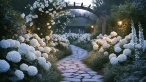 White Gardens: Create a Luminous Outdoor Sanctuary of Elegant Simplicity A photorealistic twilight garden scene featuring a winding stone path lined with luminous white blooms, large Annabelle hydrangeas, climbing white roses on wooden arches, and silver-leafed plants, all illuminated by warm spotlights and cool evening light, with dew drops glistening on petals.