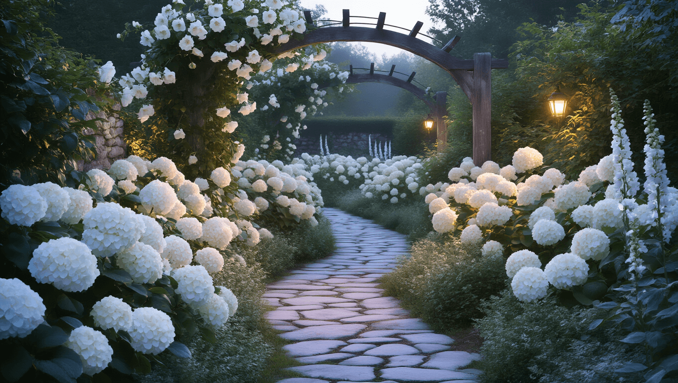A photorealistic twilight garden scene featuring a winding stone path lined with luminous white blooms, large Annabelle hydrangeas, climbing white roses on wooden arches, and silver-leafed plants, all illuminated by warm spotlights and cool evening light, with dew drops glistening on petals.