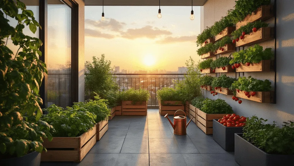 Photorealistic urban balcony garden transformation at golden hour, featuring vertical gardening elements with cascading succulents, Mediterranean herbs, vibrant cherry tomatoes, and basil, accented by LED string lights and a soft-focused city skyline in the background.