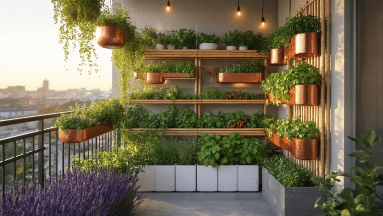 Photorealistic urban balcony garden transformation at golden hour, featuring vertical gardening elements with cascading succulents, Mediterranean herbs, vibrant cherry tomatoes, and basil, accented by LED string lights and a soft-focused city skyline in the background.