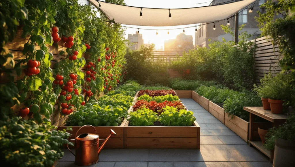 A vibrant urban terrace garden at sunset, featuring geometric raised wooden beds with tomato vines and leafy greens, surrounded by cascading herbs in terra cotta pots. A vintage copper watering can and wooden potting station are in the foreground, illuminated by string lights. The scene is enhanced by a soft haze, warm lighting, and a defocused urban skyline in the background.