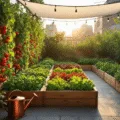 A vibrant urban terrace garden at sunset, featuring geometric raised wooden beds with tomato vines and leafy greens, surrounded by cascading herbs in terra cotta pots. A vintage copper watering can and wooden potting station are in the foreground, illuminated by string lights. The scene is enhanced by a soft haze, warm lighting, and a defocused urban skyline in the background.