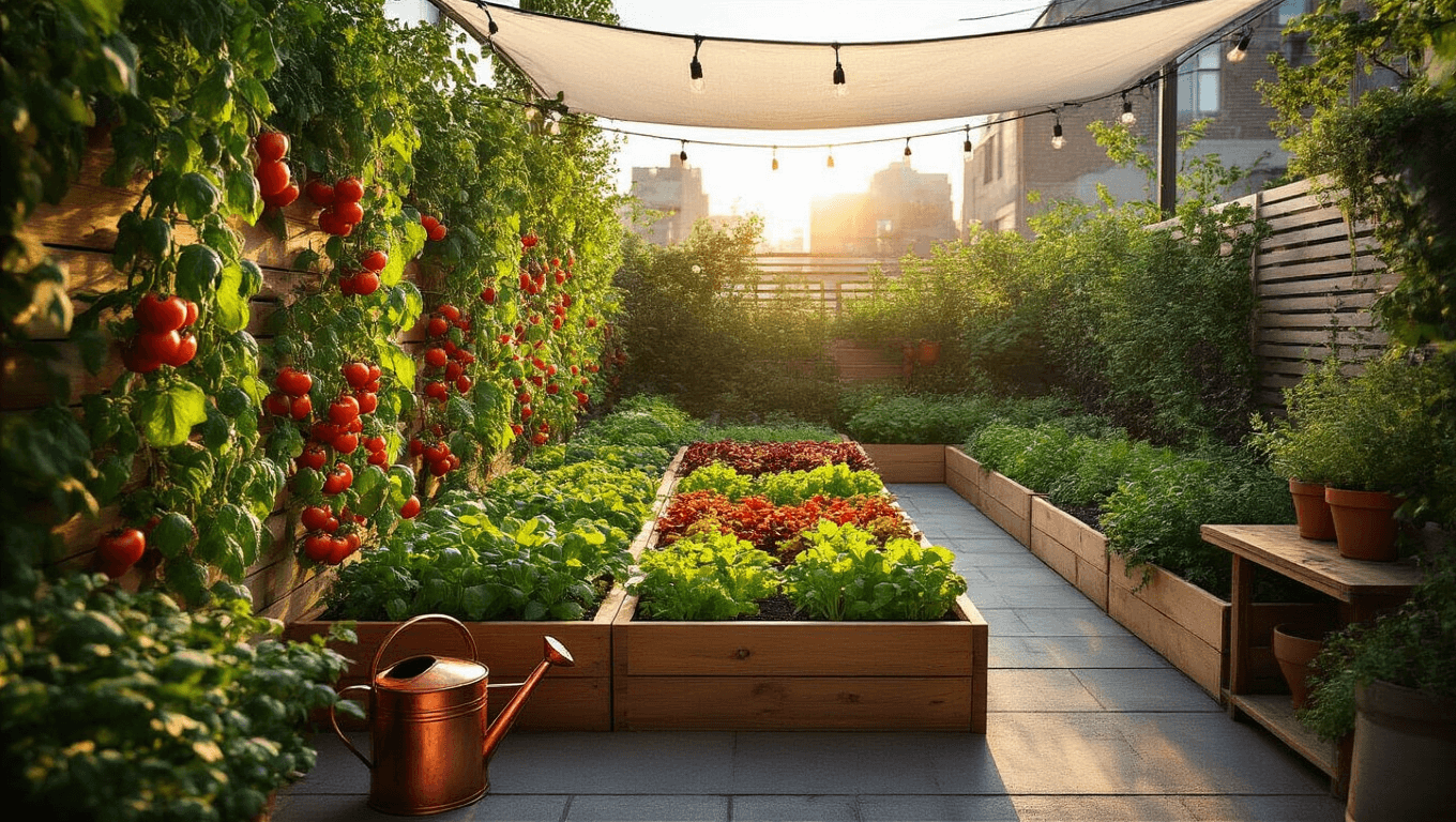 A vibrant urban terrace garden at sunset, featuring geometric raised wooden beds with tomato vines and leafy greens, surrounded by cascading herbs in terra cotta pots. A vintage copper watering can and wooden potting station are in the foreground, illuminated by string lights. The scene is enhanced by a soft haze, warm lighting, and a defocused urban skyline in the background.