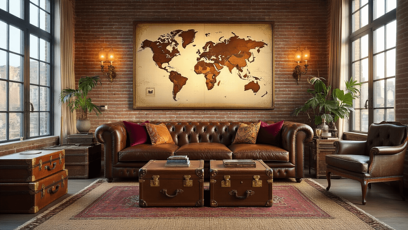 A sophisticated living room bathed in golden hour light, featuring a vintage wooden world map, a cognac leather Chesterfield sofa adorned with jewel-toned pillows, and artfully arranged Louis Vuitton steamer trunks. The space is complemented by a gallery wall of black and white travel photographs, cultural artifacts, potted monstera plants, and Moroccan lanterns, all styled in a captivating explorative aesthetic.