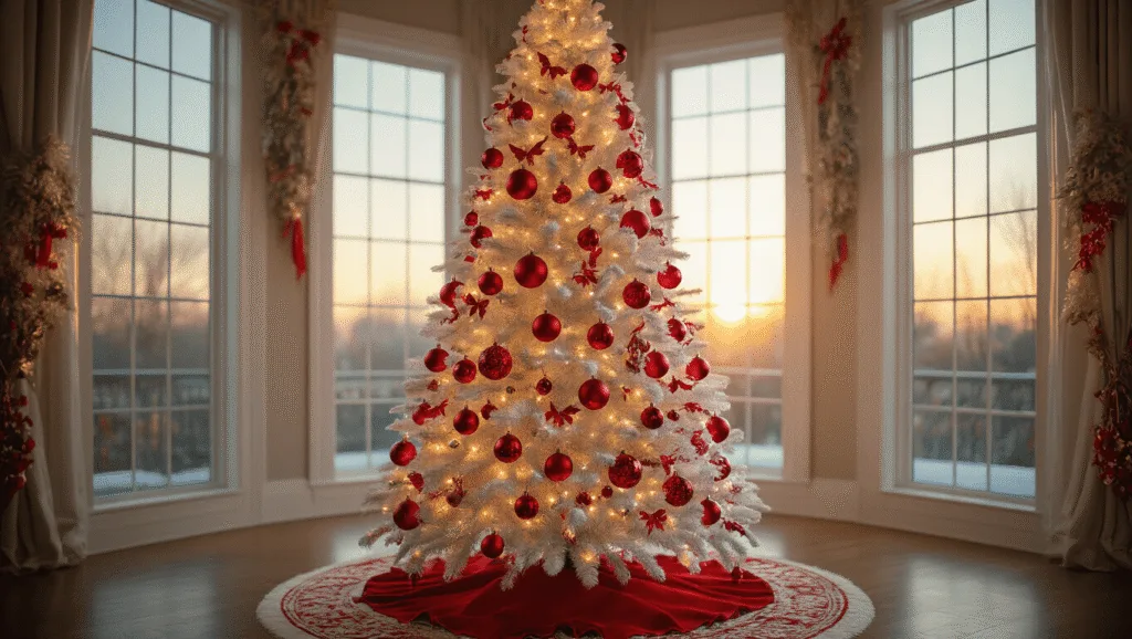 A luxurious living room featuring a 9-foot flocked white Christmas tree adorned with red decorations, illuminated by warm sunlight streaming through large windows, with a marble fireplace and minimal modern furniture in the background.