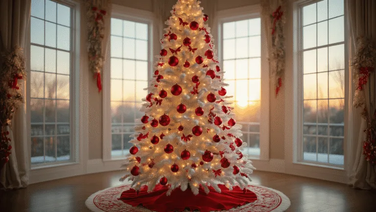 A luxurious living room featuring a 9-foot flocked white Christmas tree adorned with red decorations, illuminated by warm sunlight streaming through large windows, with a marble fireplace and minimal modern furniture in the background.