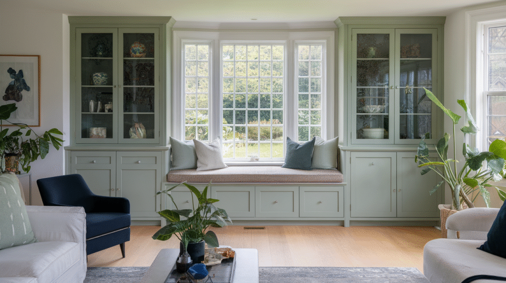 a bright living room with sage green built-in cabinets, a window seat with pillows, light wood floors, and houseplants