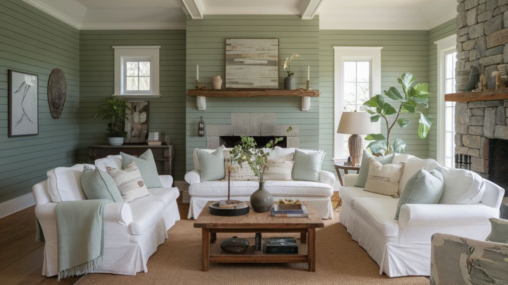 sage green shiplap walls, white sofas, a vintage wooden coffee table, and a stone fireplace