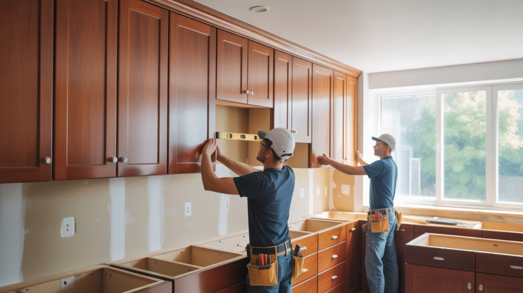 a kitchen renovation in progress, highlighting cherry wood cabinet installation