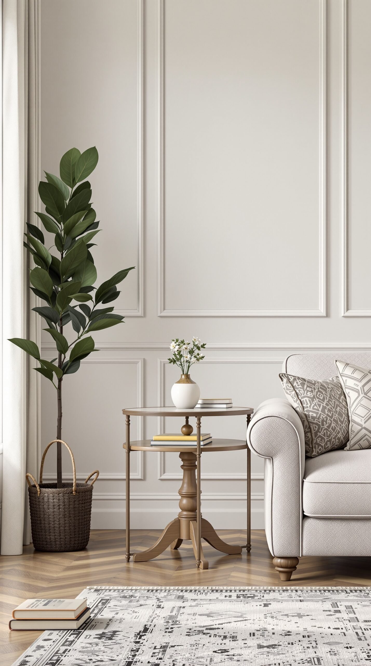 A stylish side table next to a sofa in a classic living room setting, featuring a plant and decorative items.