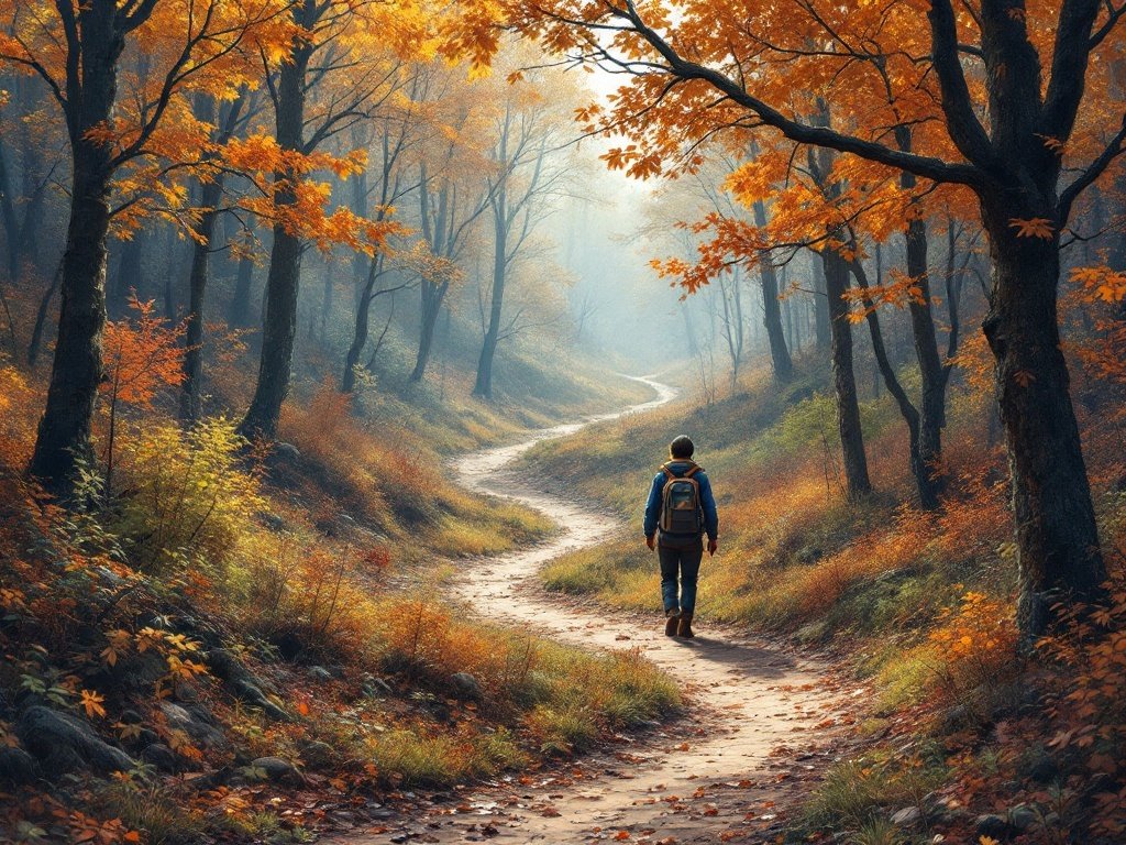 35 Stunning November Wallpaper Ideas for Your iPhone A person walking on a winding trail through a misty woodland with autumn foliage.