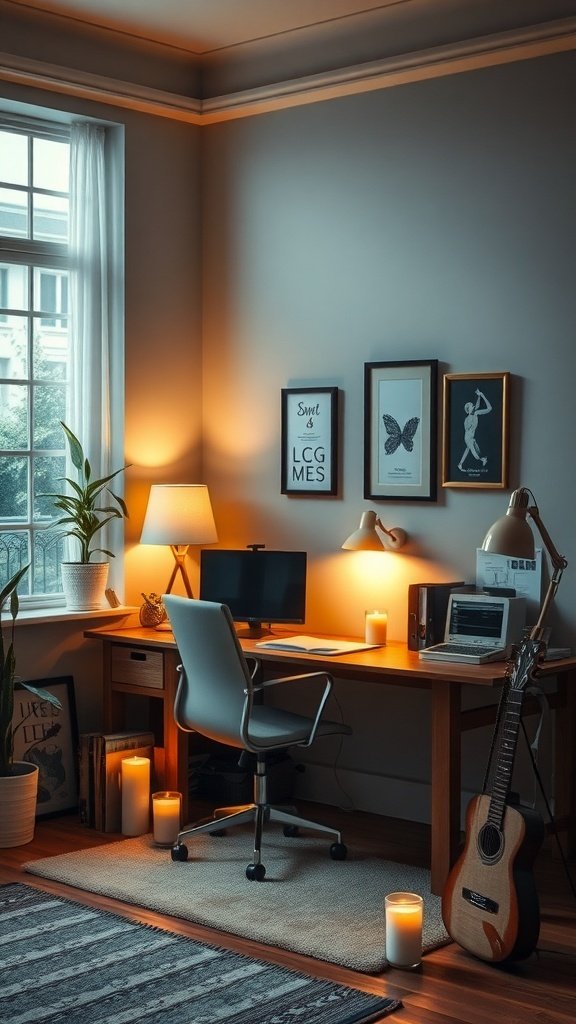 A cozy office space with soft lighting, featuring a desk, chair, and candles.