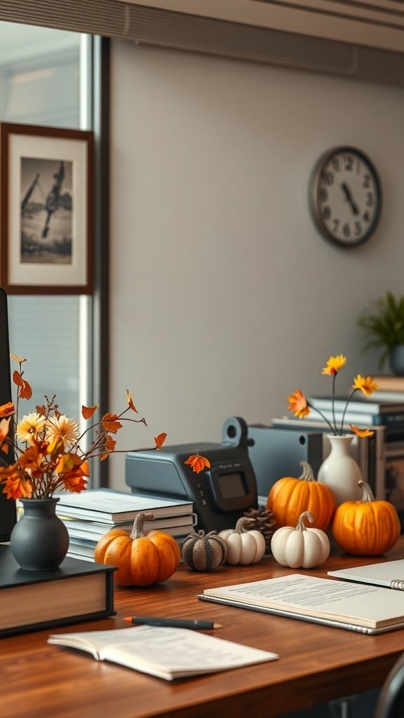 A cozy office desk decorated for fall with pumpkins and flowers.