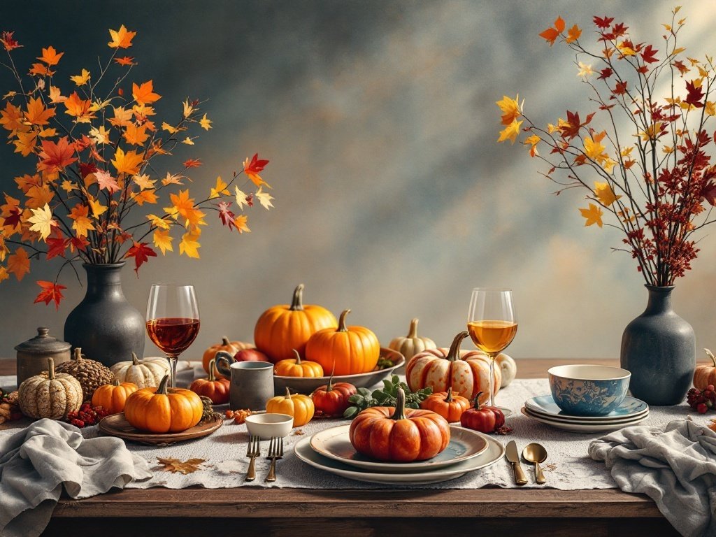 35 Stunning November Wallpaper Ideas for Your iPhone A beautifully set Thanksgiving table with pumpkins, autumn leaves, and elegant tableware.