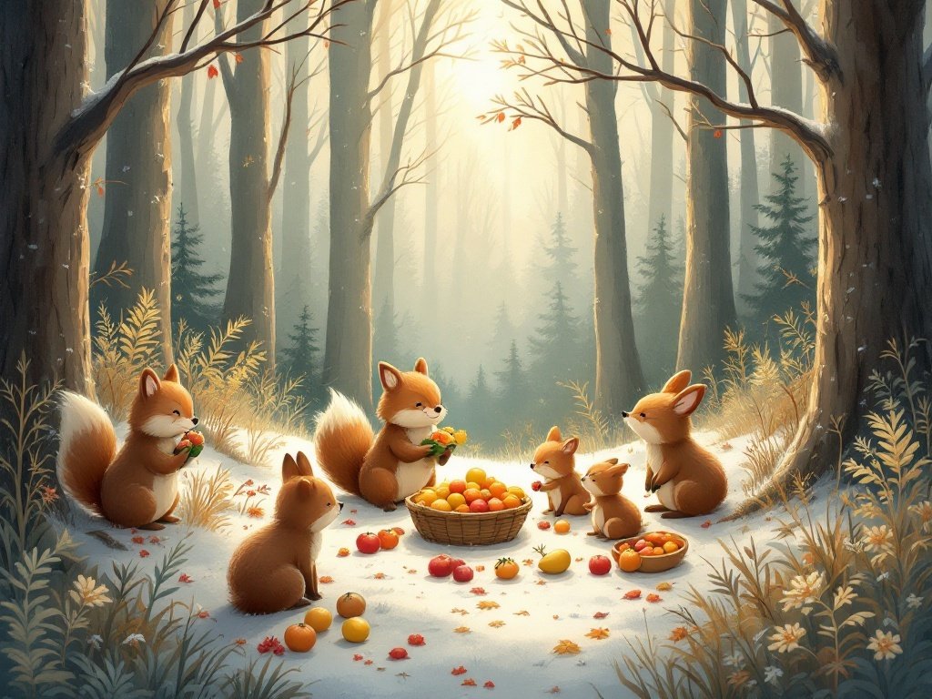35 Stunning November Wallpaper Ideas for Your iPhone A group of foxes gathering fruits in a snowy woodland setting, preparing for winter.