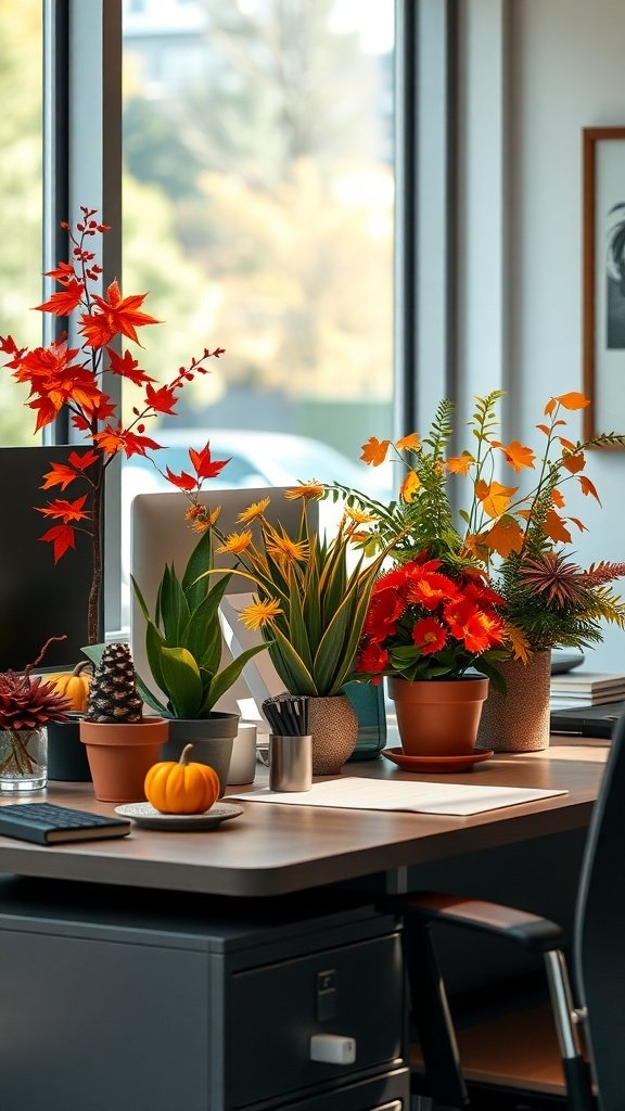Cozy fall office decor with seasonal greenery and colorful plants