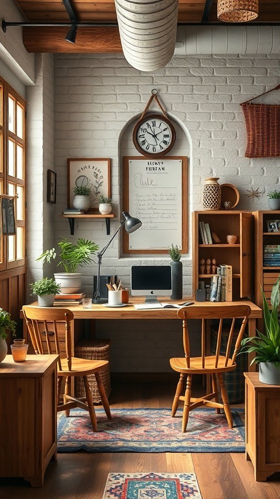 A cozy office space featuring rustic wood furniture, plants, and warm decor