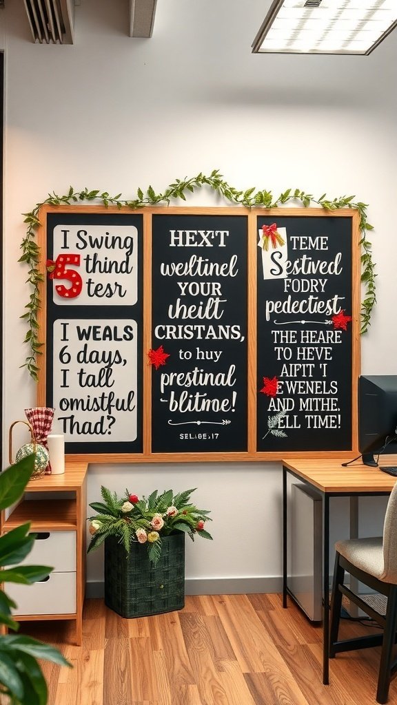 A cozy office wall with seasonal quotes framed and decorated with greenery.