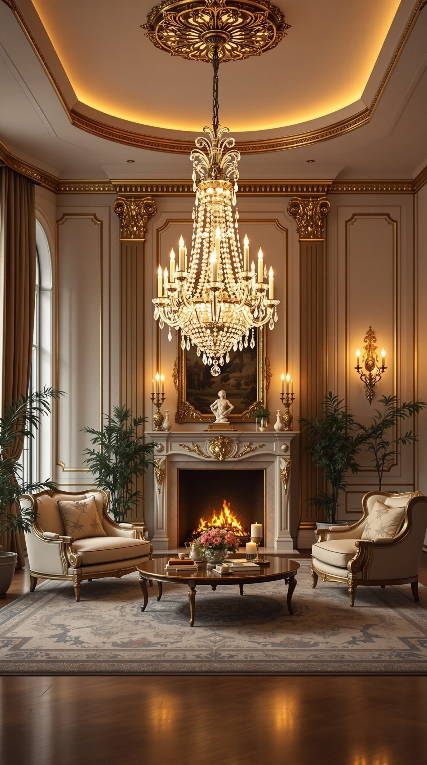 A luxurious living room featuring a grand chandelier, elegant furniture, and a cozy fireplace.