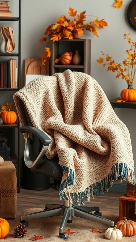 A cozy office chair draped with a textured throw blanket, surrounded by fall decorations like pumpkins and leaves. Cozy Fall Office Decor Ideas