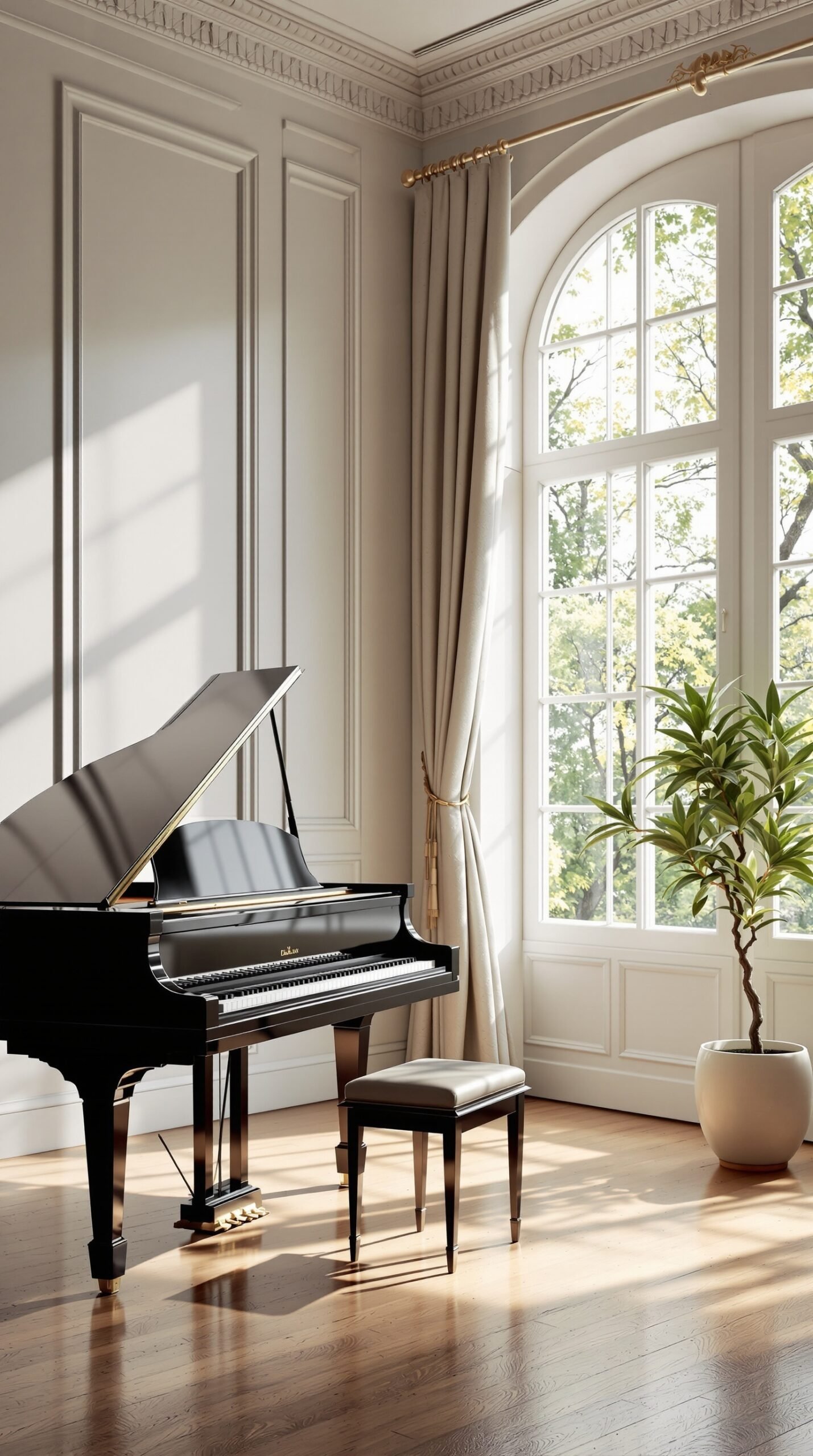 A grand piano in a bright living room with large windows and elegant decor