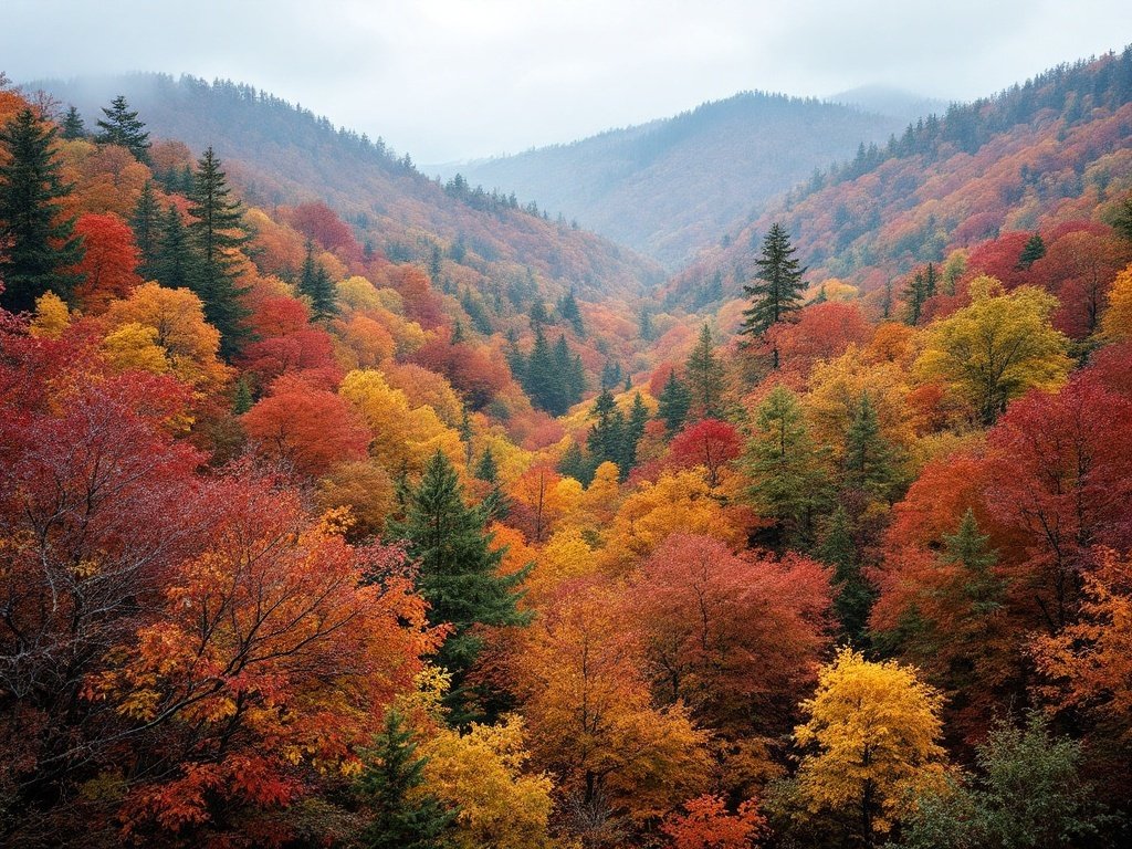35 Stunning November Wallpaper Ideas for Your iPhone A colorful autumn landscape with trees in shades of orange, red, and yellow in a valley surrounded by mountains.