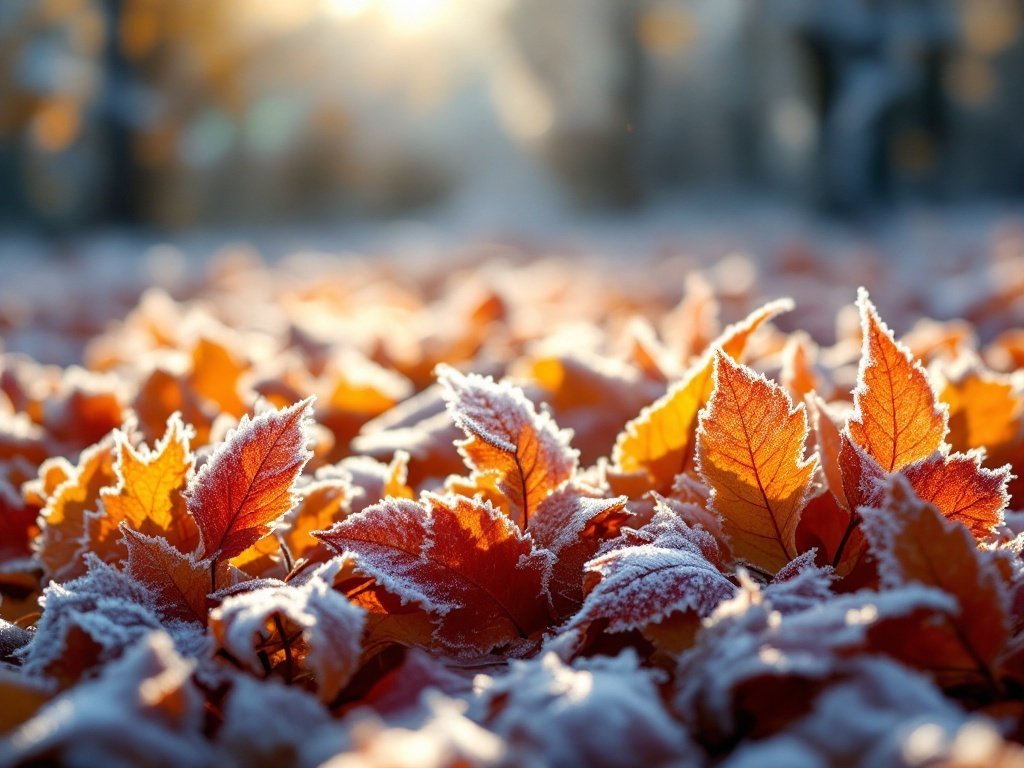 35 Stunning November Wallpaper Ideas for Your iPhone Frosty leaves on the ground with sunlight shining through trees