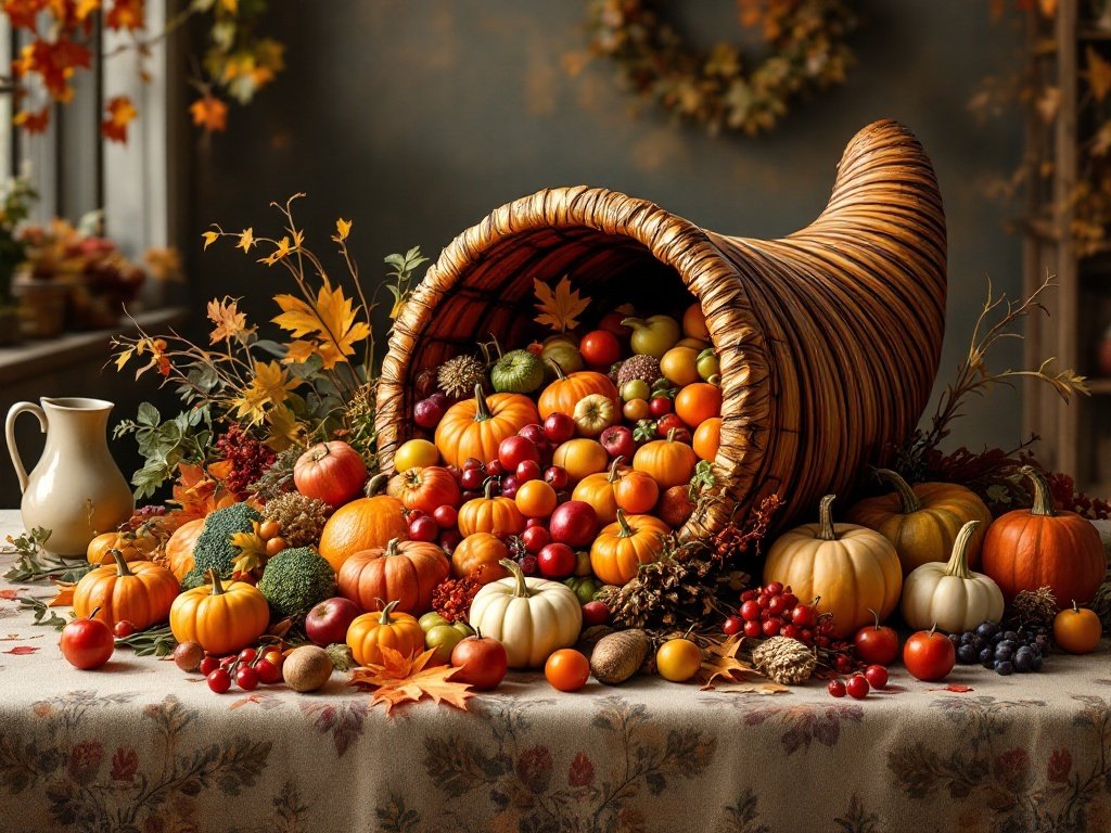 35 Stunning November Wallpaper Ideas for Your iPhone A cornucopia filled with colorful fruits and vegetables, symbolizing abundance in November.