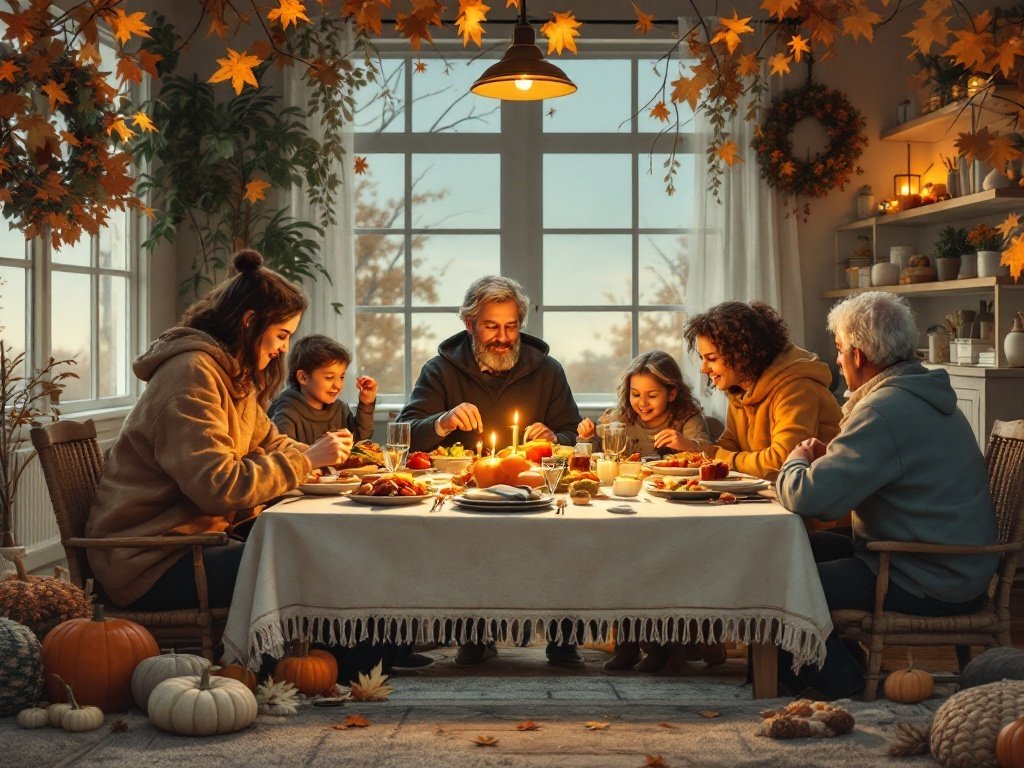 35 Stunning November Wallpaper Ideas for Your iPhone A family gathered around a table filled with Thanksgiving food, surrounded by autumn decorations.