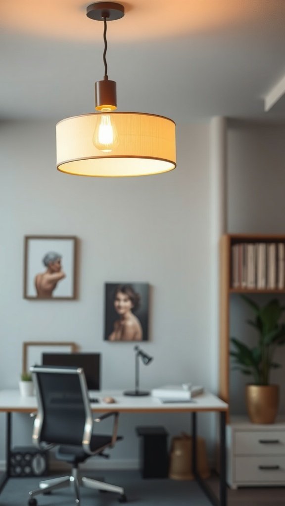A cozy office space featuring a pendant light with a fabric shade, a desk, and artwork on the walls.