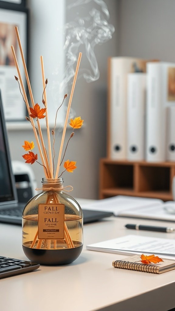 A stylish fragrance diffuser with wooden sticks and autumn leaves on a desk, enhancing cozy fall office decor.