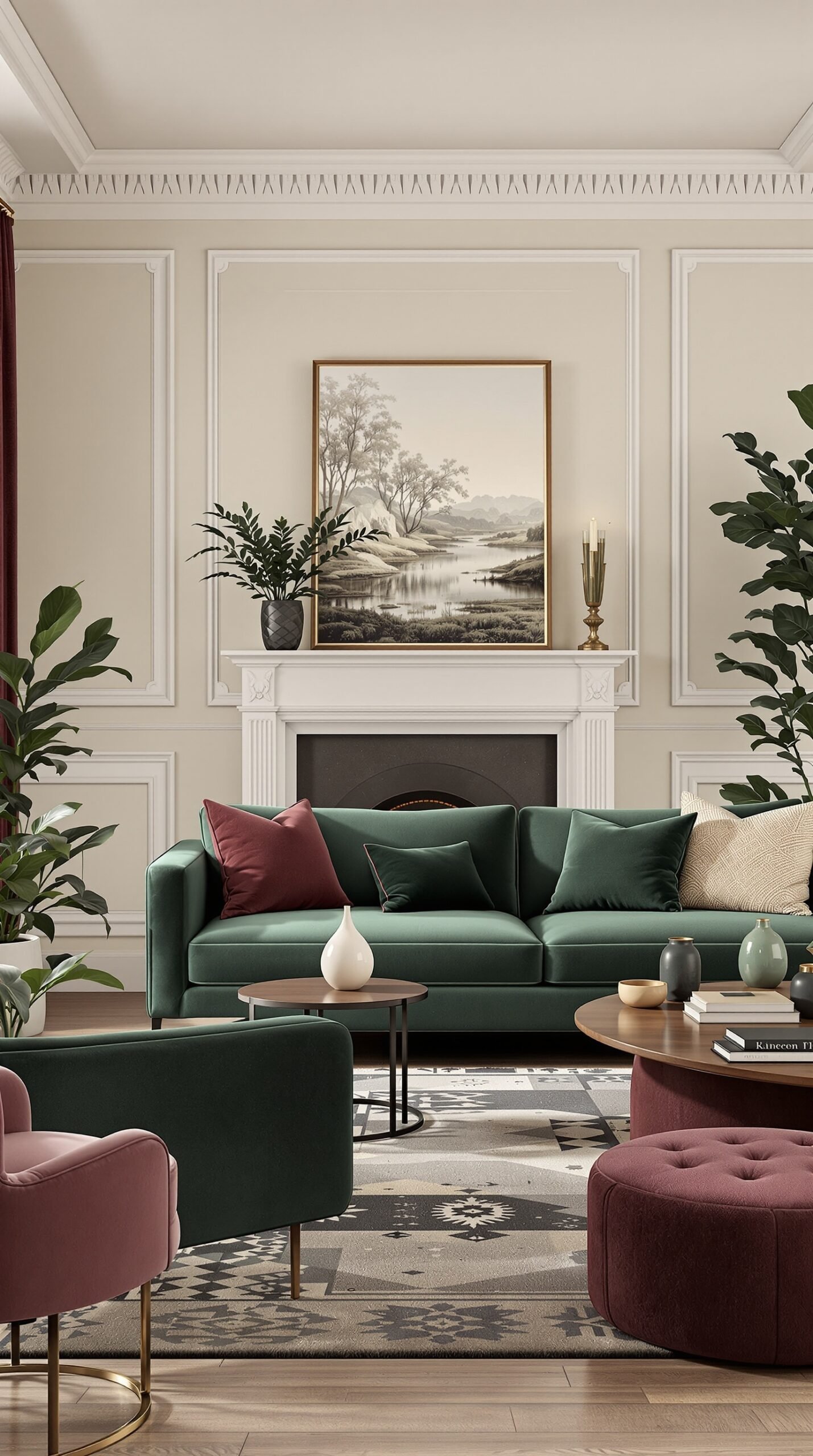 A classic living room featuring a green sofa, burgundy and cream pillows, and elegant decor.