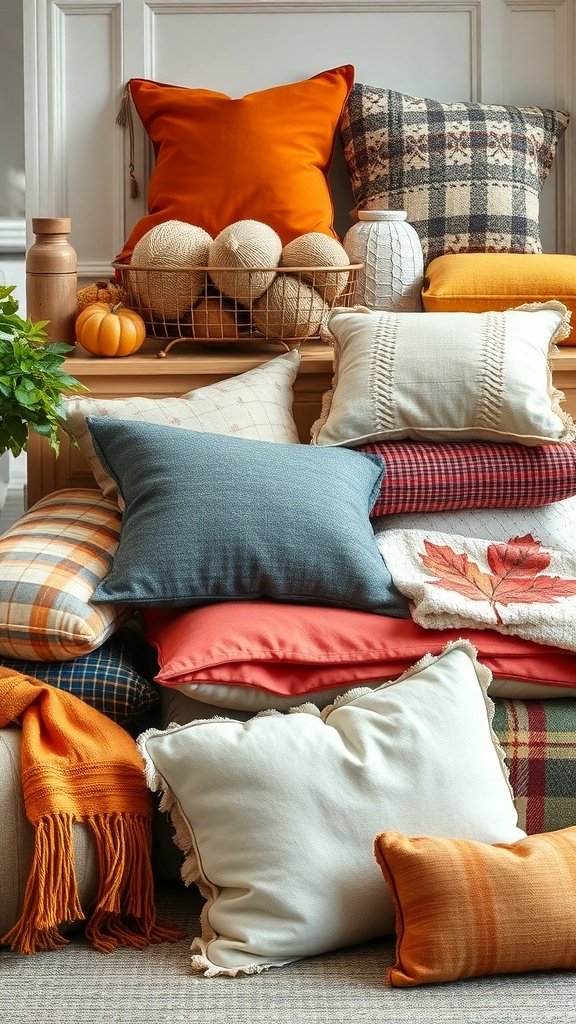 A cozy arrangement of colorful pillows and throws in an office setting, showcasing fall decor.