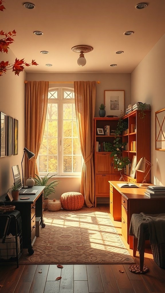 A cozy office space with warm wood furniture, soft lighting, and autumn decor elements.