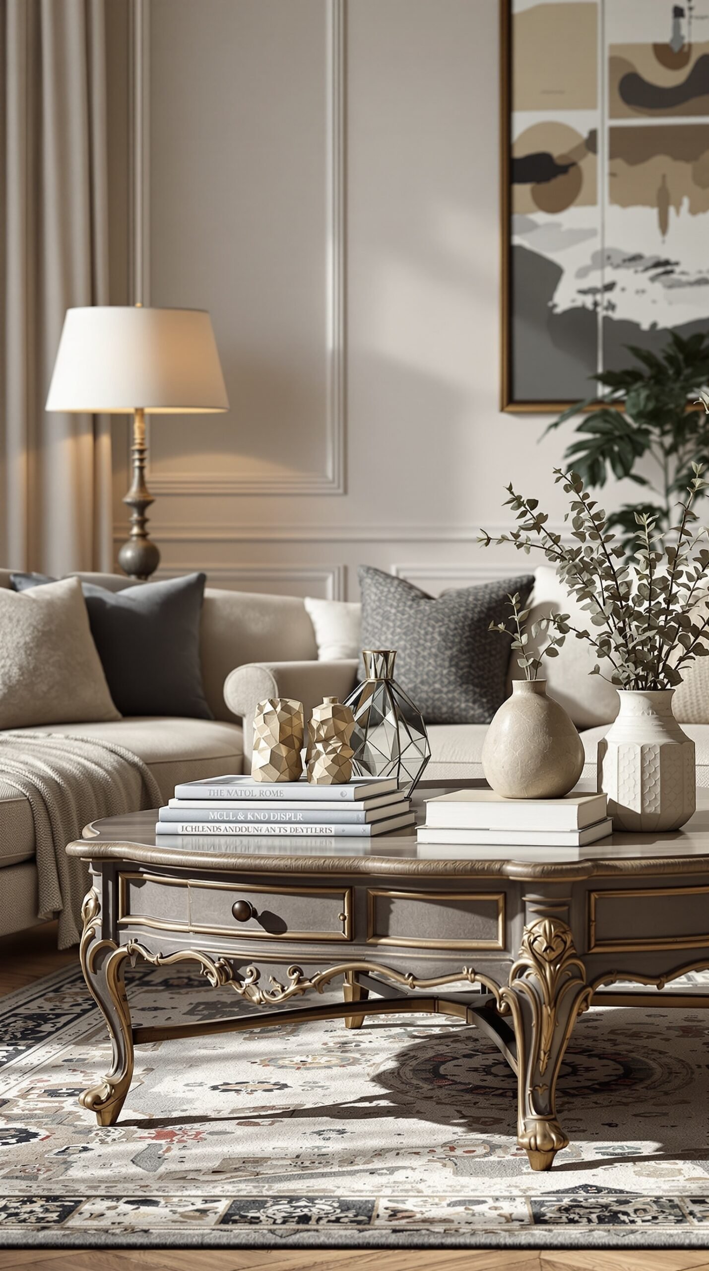 A stylish coffee table in an elegant living room setting, featuring decorative vases and books.